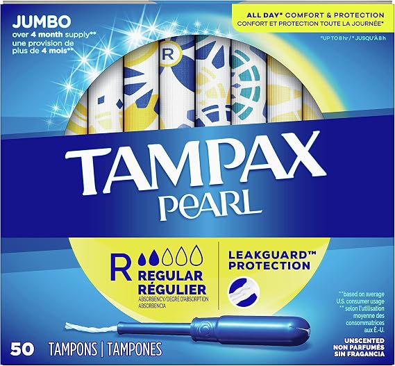 Tampax Pearl Tampons with Plastic Applicator, Regular Absorbency, 50 Count, Pack of 4 (200 Count Total)