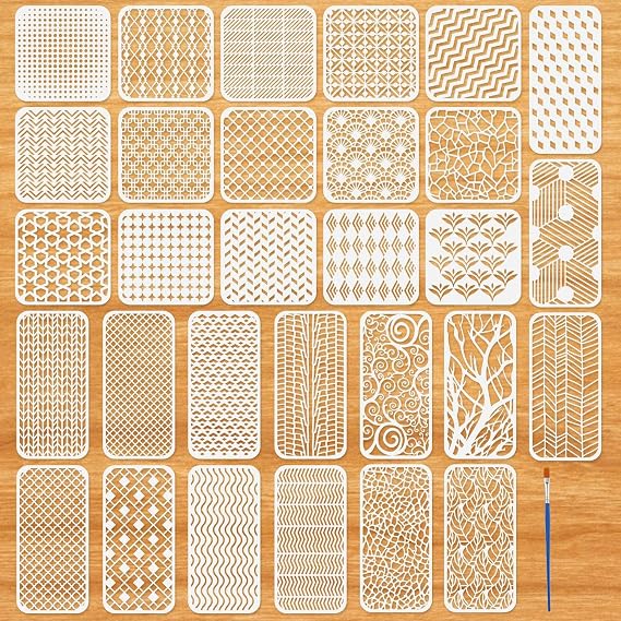 30Pcs Geometric Stencils for Painting,Texture Stencils for Craft | Mixed Media Spray Paint Stencil Abstract Layering Stencil Templates for Painting on Furniture Wall Canvas Paper