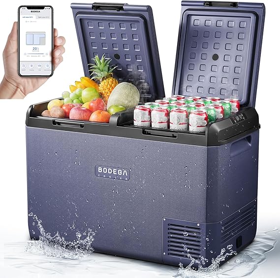 BODEGACOOLER 12 Volt Car Refrigerator, 79QT(75L) IPX4 Waterproof Electric Cooler, RV Car Fridge Dual Zone APP Control with 12/24V DC 110-240V AC,4F~68F, Portable Freezer for Truck RV Camping, Travel