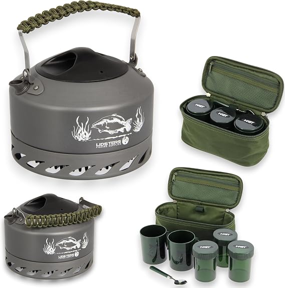 Lfs Quick Boil Kettle 1.1 Litre Carp Fishing Camping + NGT Brew Tea Coffe sugar (Green Handle)