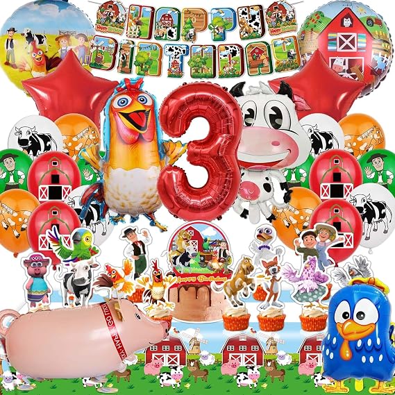 Farm Theme Birthday Decorations, Party Decorations, Birthday Party Supplies, Banner, Balloons, Tablecloth, Cupcake Toppers, Large Cake Decorations, Table Cover (3 year old)