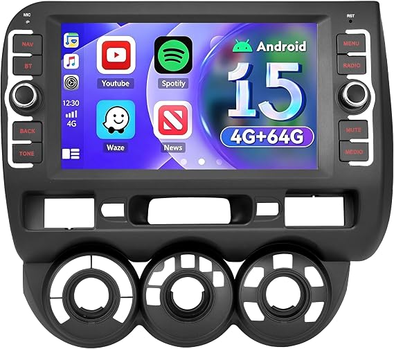 Car Stereo for Honda Fit Jazz Radio 2004-2007 Android 15 | 4GB+64GB, Wireless/Wired CarPlay, Android Auto, DSP GPS Bluetooth, Backup Camera Included