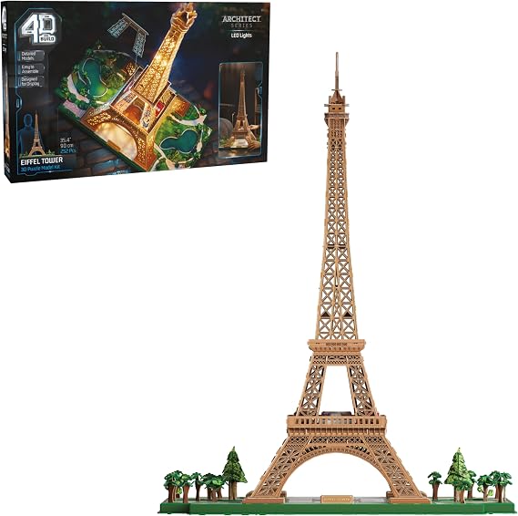4D Build, Architect Series Eiffel Tower 3D Model Kit with LED Lights, Desk Decor, Adult Puzzles, Building Toys, 3D Puzzles for Adults & Teens, 252 Pieces, for Ages 12 & Up