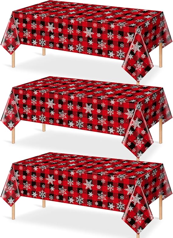 3 Pieces Red and Black Buffalo Plaid Merry Christmas Party Tablecloth Decorations,Plastic White Snowflake Buffalo Plaid Sign Table Cover for Winter Christmas Holiday Party Supplies,54x108 inch