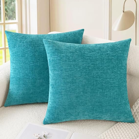 CaliTime Decorative Couch Throw Pillow Covers 18 X 18 Inches Lake Blue | Pack of 2, Cozy Chenille Cushion Cases for Sofa Bed Living Room Farmhouse Home