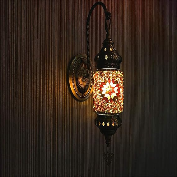 GDLight Turkish Mosaic Gooseneck Sconce Wall Lamp Bohemian Lantern Wall Lights Moroccan Handmade Glass Bedside Lamp for Living Room Bedroom Hallway Balcony Cafe Bar,C