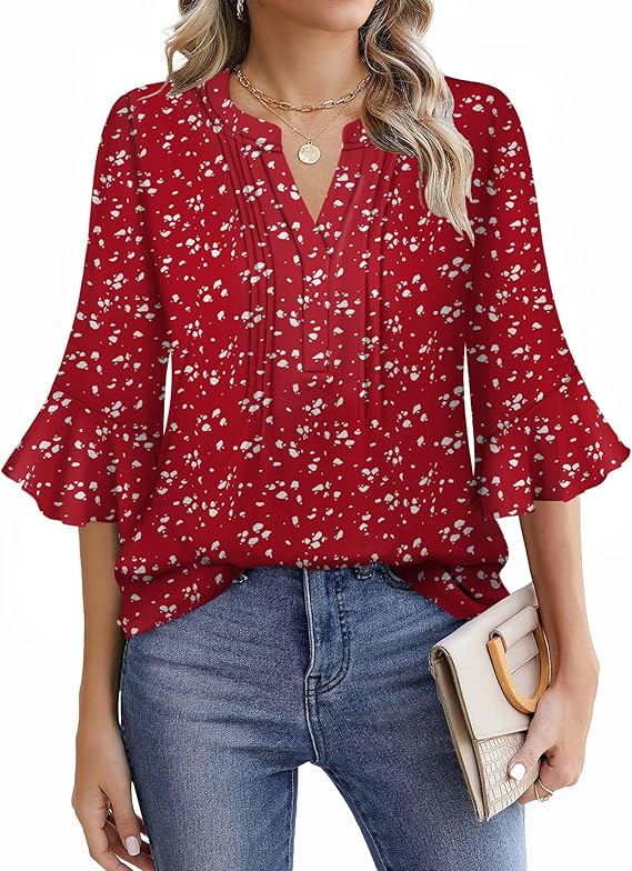 Lylinan Tops for Women V Neck Blouses 3/4 Ruffle Sleeve Casual Work Style Floral Print Designs S-XXL