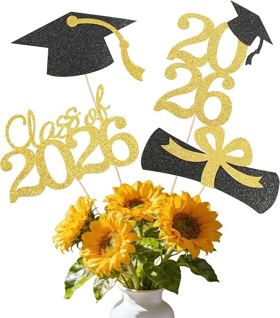 Graduation Decorations 2026, 16pcs Graduation Centerpieces for Table, Gold Class of 2026 Party Centerpieces Grad Cap Sticks Glittering Centerpiece Table Decorations for 2026 Graduation Party Supplies