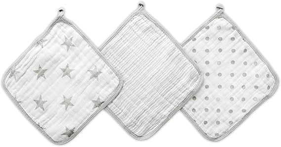 aden + anais Essentials Washcloth 3-Pack, Super Soft 100% Cotton Muslin, Gentle on Skin, 3 Absorbent 11x11 Layers, Softer with Every Use, Perfect for Babies, Infants, Toddlers, Damsel