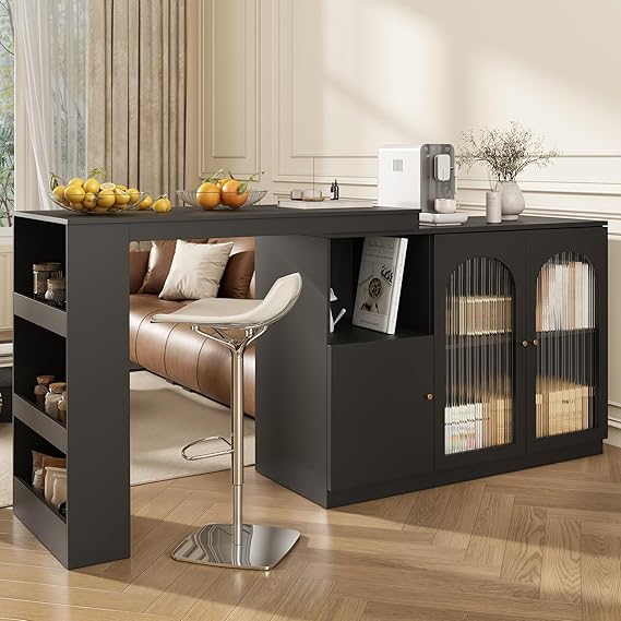 360° Rotating Bar Table (120 x 40 x 97 cm) – Modern Simple Black Rotating Dining & Bar Cabinet, Multifunctional Storage Cabinet with Glass Door