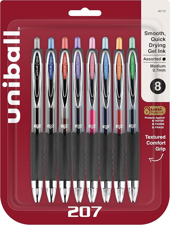 Uni-Ball 207 Retractable Gel Pens, Medium Point (0.7mm), Assorted, 8 Pack
