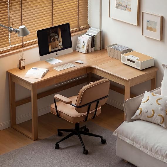 YESWOOD L-Shaped Desk Solid Wood Corner Desk Drawers 1.2 m