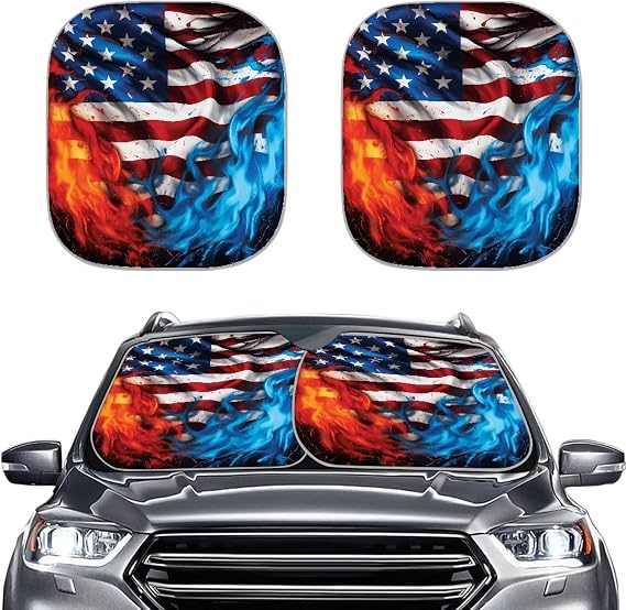 2 Piece Windshield Sun Shade Foldable American Flag Print Sunshade for Car Windshield July 4th Front Window Cover Sun Shade Sun Protection Car Accessories