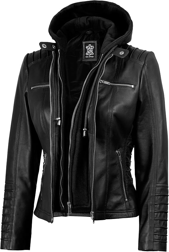 fjackets Leather Jacket Women - Real Lambskin Leather Jackets For Womens With Removable Hood