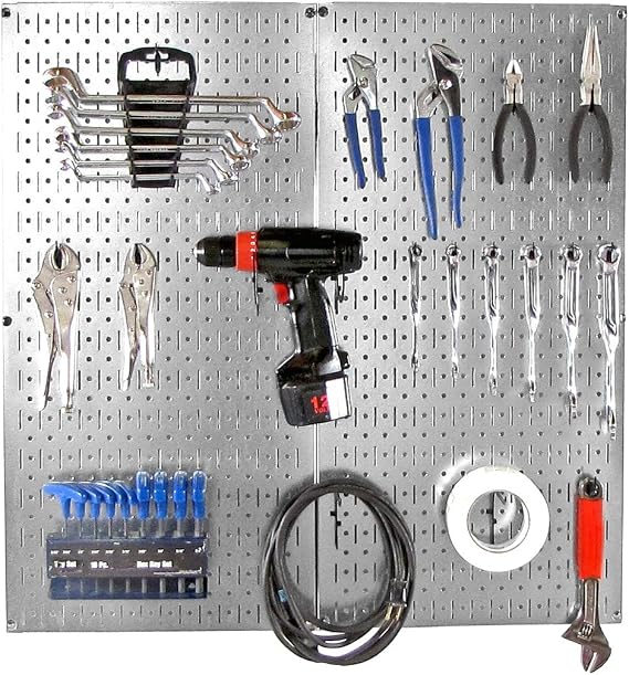 Wall Control Pegboard 32in x 32in Metal Pegboard Organizer Starter Kit Galvanized Tool Board