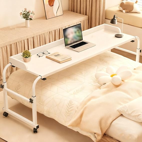 Bed Table Height Adjustable Overbed Table with Wheels, 120-210cm White Mobile Over Bed Desk with 65cm-95cm Adjustable Stand, Mobile Laptop Cart Computer Desk for Bed, Sofa or Office Use