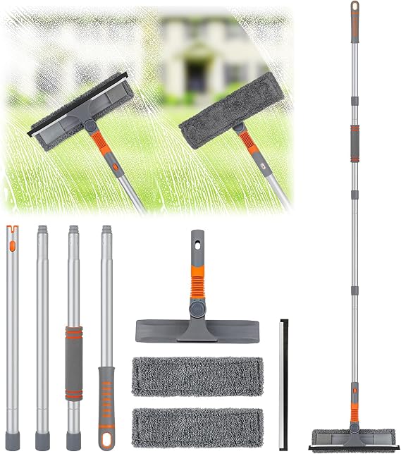 Window Squeegee, 2-in-1 Window Cleaner Tool with Extension Poles, Rotatable Squeegee for Window Cleaning with Interchangeable Cleaning Cloth, Window Cleaning Kit for Indoor & Outdoor Glass