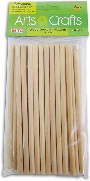 Wood Craft Dowels 6 Inches Tall x 0.25 Inch Diameter - 24 Count