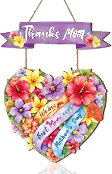 Happy Mothers Day Sign,Mother's day Wreath for Front Door,Flower Heart Thanks Mom Sign,Best Mom Ever Wall Decor,Present Woman Plaque for Outdoor Home Living Room Office Bedroom Grandma Woman Gift
