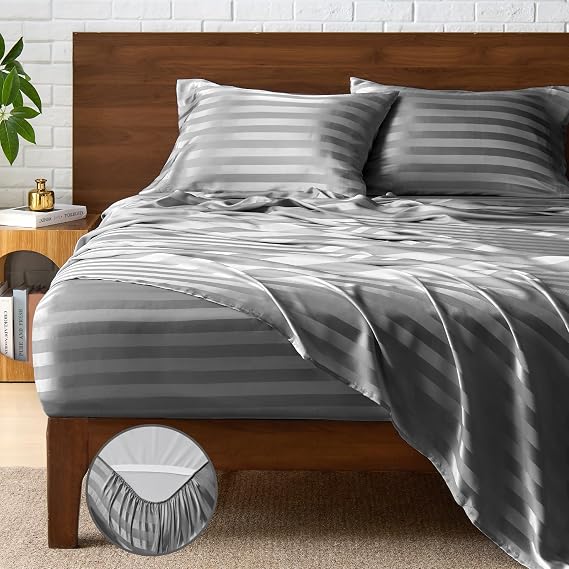 BEDELITE Jacquard Striped Satin Sheet Queen Size, Dark Grey, 4 Pieces