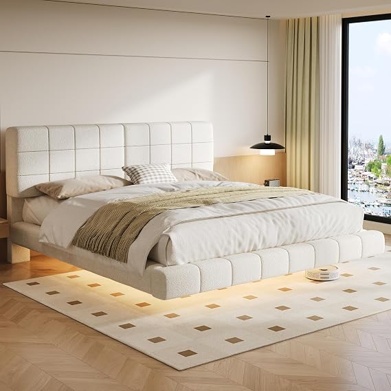 King Size Floating Bed Frame with Lights, Boucle Upholstered Platform Bed Frame with Headboard, Modern Floating Bed, No Box Spring Needed, 800 lb Capacity, White