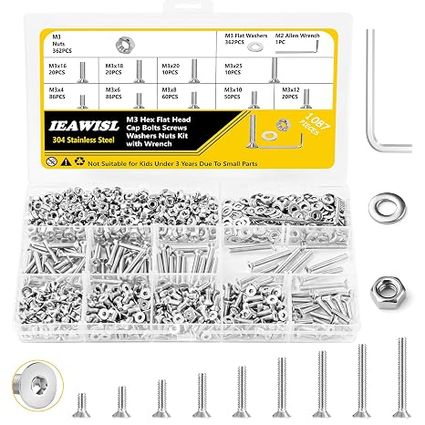 1087 Pcs M3 Screws Set, Countersunk Bolts and Nuts, Stainless Steel Flat Head Screws Bolts Washers for Repair and DIY, Machine Screws Bolts with