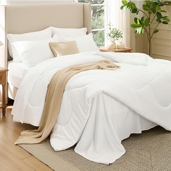 Bedsure 7 Pieces Queen Comforter Set Premium Series, Hotel Luxury Soft Bed in a Bag, Goose Down Alternative, Safe for Sensitive Skin Bedding Comforter All Season Medium Warmth, White Wavy Quilted