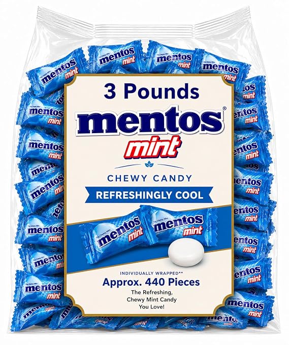 Snacks MENTOS MINT Chewy Candy, Peppermint Flavor, Fun Size, Bulk Bag, Individually Wrapped (3 Pounds), Blue