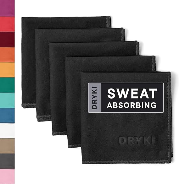 DRYKI Sweat Absorbing Handkerchiefs - The Original Pocket-Sized Sweat Towels - Quick-Dry Microfiber Sweat Rags for Face, Hands, Body - Men & Women - Gym, Sports, and Work (Black: 5 Pack)