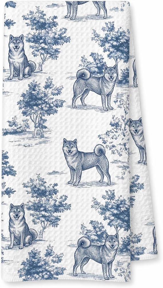 Blue and White Chinoiserie Shiba Inu Gift Hand Towels for Bathroom Kitchen, Shiba Inu Gifts for Women, Vintage Toile De Jouy Dog Kitchen Dish Tea Towels, 16X24 Inch