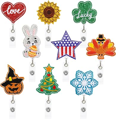 9Pcs Fall Holiday Badge Reels Embroidered Retractable Felt Nurse Badge Holder Name ID Card with Alligator Clip for Valentines St Patricks Easter Spring Independence Fall Thanksgiving Halloween Winter