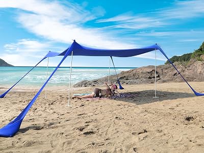 Beach Shade Canopy UPF50 Family Beach Tent with 4 Aluminum Poles, Sand Shovel and Carry Bag, Portable Beach Sunshade Pop Up Sun Shelter for Beach,Fishing,Backyard and Picnics 10x10 Ft,Navy