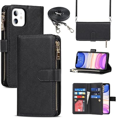 Jaorty for iPhone 11 Phone Case Wallet for Women,for iPhone 11 Case with Card Holder, Crossbody Case with Credit Card Holders and Slots Zipper Lanyard Strap Leather Cases for Men,6.1 Inch Black