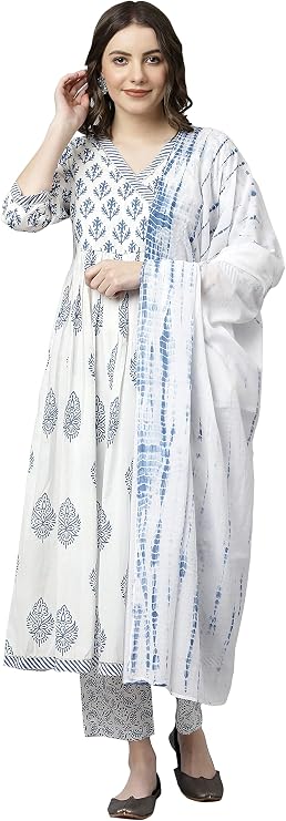 Janasya Indian Women's Cotton White Block Print Festive Wear Kurta Set for Women