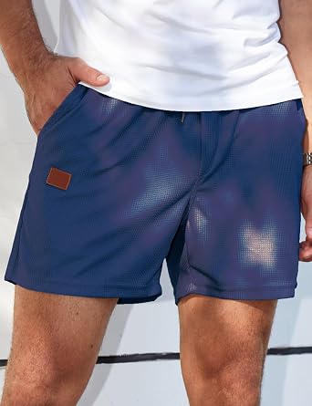 Men's Waffle Shorts Casual Elastic Waist Drawstring Lightweight Loose Fit Beach Shorts 5" with Pockets Navy Blue