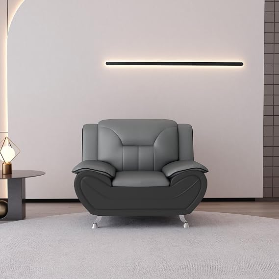 Container Furniture Modern Style Living Room Chair with Top Grade Faux Leather Upholstery and Extra Comfortable Pillow Top Armrests, 47.3 Wide, Grey & Black