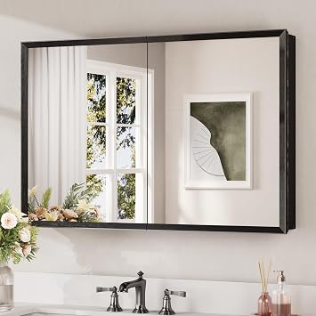 Keonjinn Black Medicine Cabinet Mirror 36" x 24", Assembly Needed, Mirrored Medicine Cabinets for Bathroom, Bevel-Edged Frame, Stepless Adjustable Shelves, Wall-Mounted or Recessed, Tempered Glass