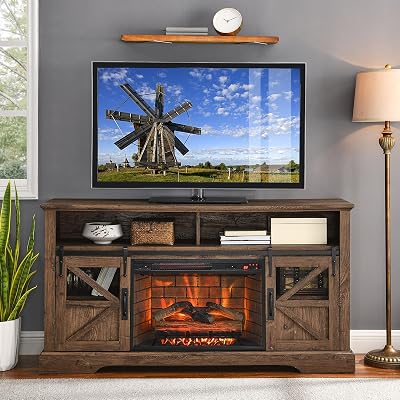 Farmhouse TV Stand with Electric Fireplace,60 Traditional Entertainment Center,TV Stand and Console Combination, with 5118 BTU Heat Output, CSAUL Certified 1500W Brown
