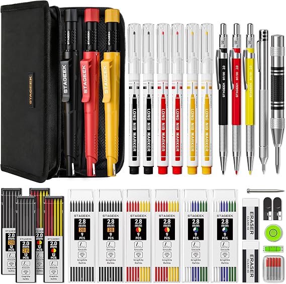 STAGEEK 38 Pack Carpenter Pencils Set With 108 Refills | Construction Pencil, Deep Hole Long-Nib Marker Pens, Automatic Center Punch and Carbide Scribe Tool for Woodworking with Case