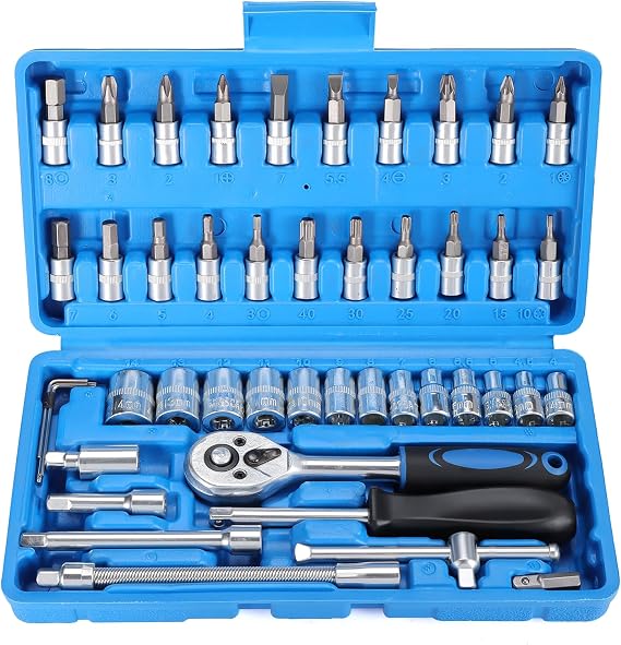 46-Piece Socket Spanner Set Ratchet Box 1/4 Inch Socket Spanner and Bit Set Socket Spanner Set Ratchet and Socket Spanner Set Ratchet Box Socket Box (Blue)