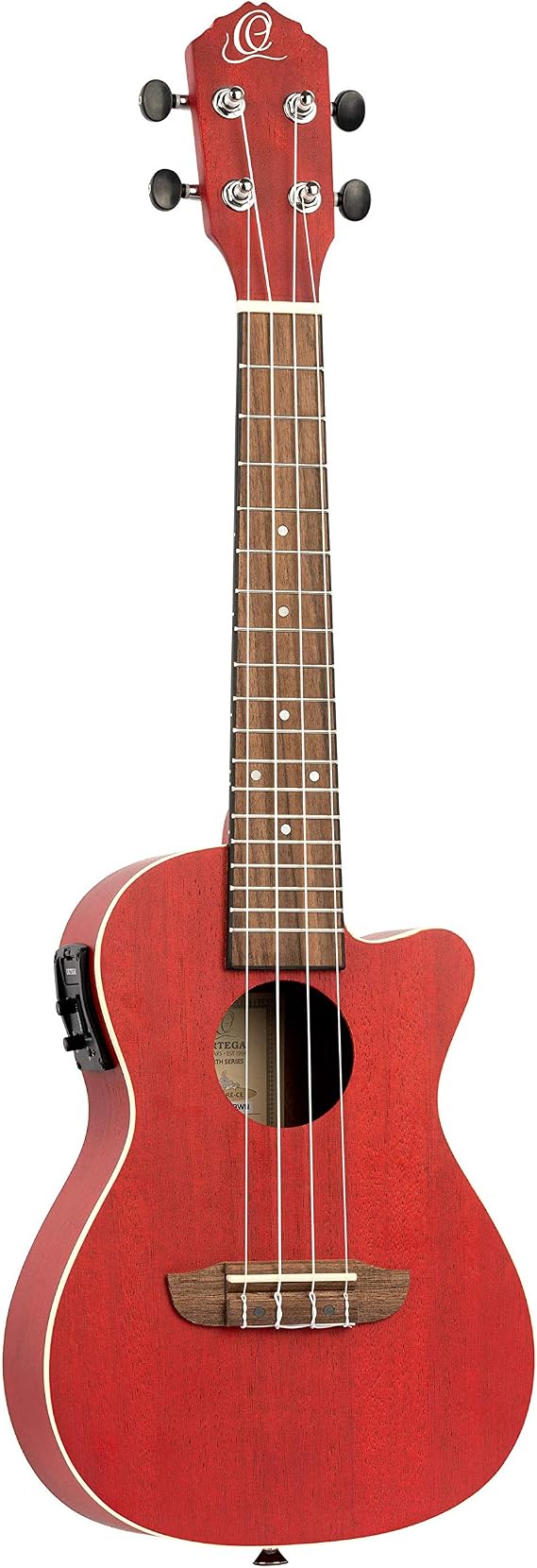 Ortega Guitars, 4-String Earth Series Concert Acoustic/Electric Ukulele, Right, Transparent Fire Red, (RUFIRE-CE)