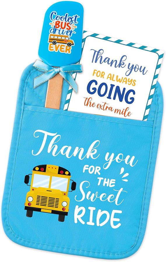 R HORSE 3Pcs School Bus Driver Appreciation Funny Pot Holder with Pocket Silicone Spatula Thank You Card Heat Resistant Potholder Oven Mitts Retirement Xmas Gift for Women Men Driver