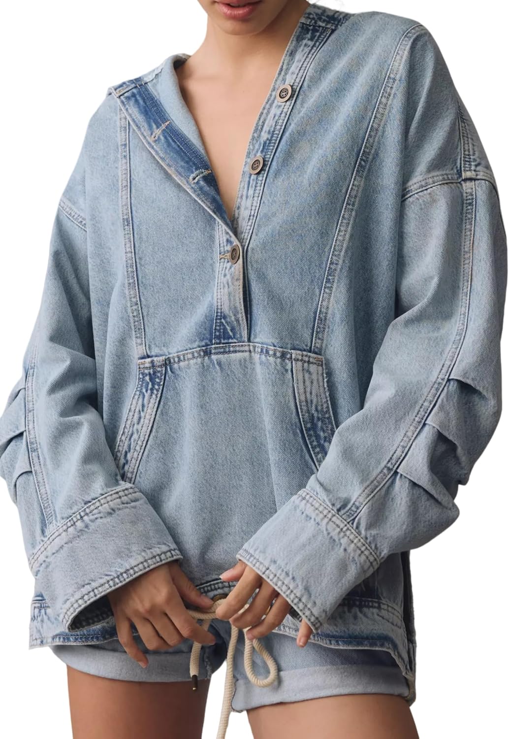Kedera Womens Button Up Sweatshirt Denim Hoodie Oversized Pullover Jacket Jean Tops Casual Boyfriend Jackets