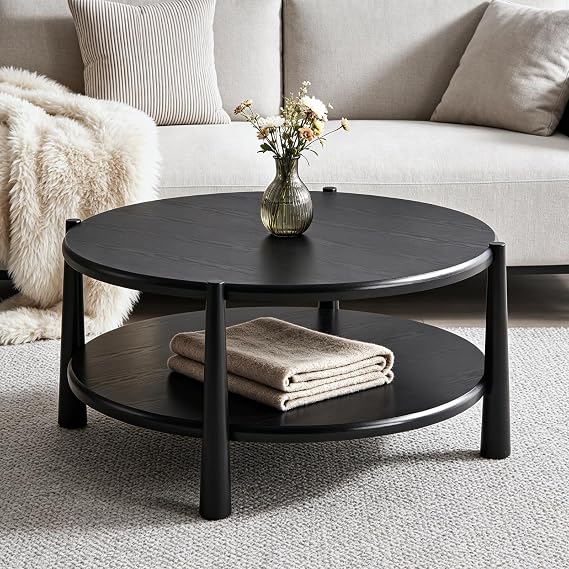 Black Round Coffee Table with Open Storage Shelf