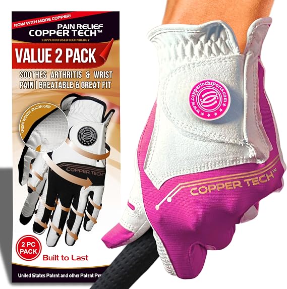Copper Tech Ladies Golf Gloves Women Left Hand or Right Hand 2 Pack | Copper Compression Joint Support with Flexible & Comfortable Fit