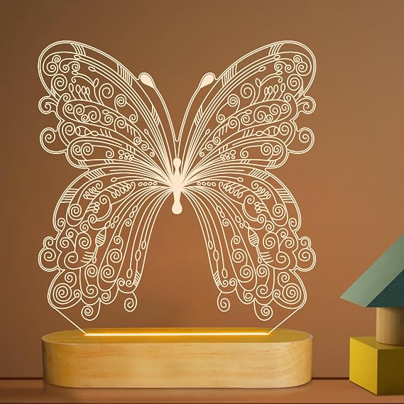 Lightzz Butterfly 3D Night Light Birthday Gift 3D Illusion Lamp, Butterfly Light - Gifts for Kids Baby Girl Bedroom Decor, Soft Warm White Colors Wooden Base Bedside Table Lamp [Energy Class G]