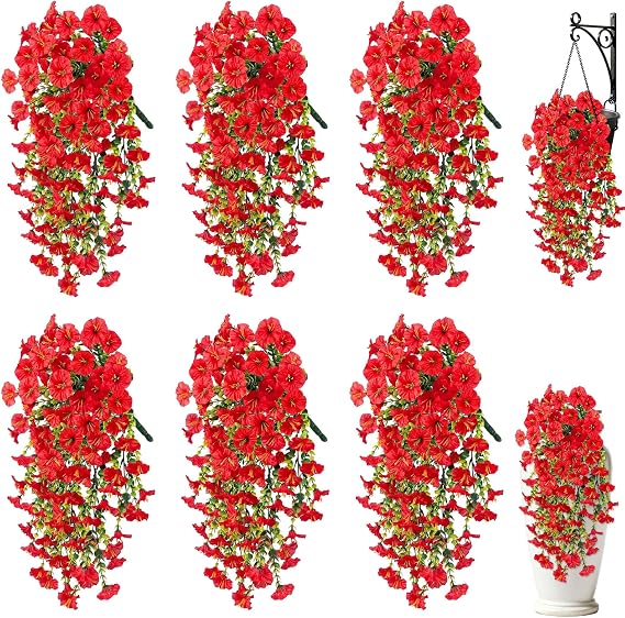 Artificial Flowers for Outdoors, 6pcs Fake Morning Glory Flowers | Realistic UV Resistant Faux Silk Hanging Flowers for Outside Planter Garden Porches Balcony Spring Decor, Red