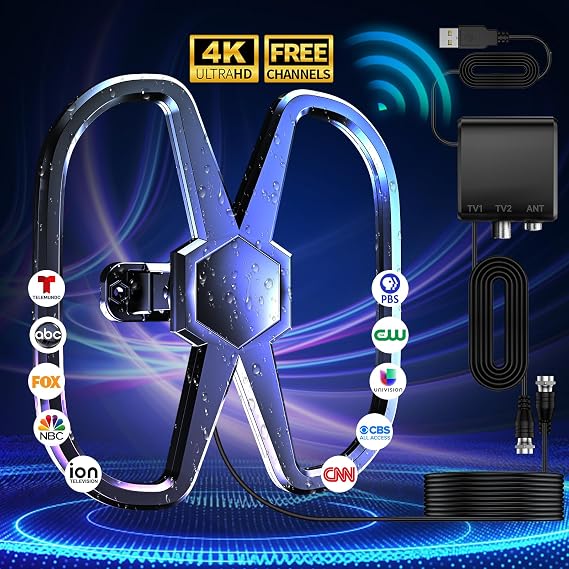 TV Antenna Outdoor, Strongest HD Amplifier-Support 8K 4K 1080p-No Monthly Fees