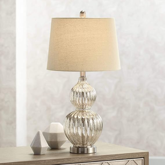Regency Hill Lili 25" High Fluted Modern Country Cottage Table Lamp Silver Mercury Glass Single Beige Shade Living Room Bedroom Bedside Nightstand House Office Home Reading Kitchen Entryway Console