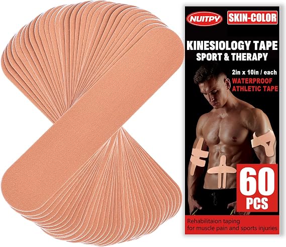 60 Pcs Skin Color Precut Kinesiology Tape Strips, 2in x 10in Kinetic Tape